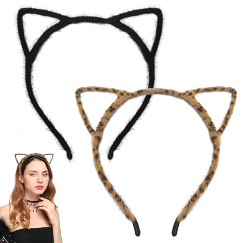 MICJLLT Lot de 2 bandeaux avec oreilles de chat et de guépard en peluche douce pour le maquillage - Accessoire de déguisement pour Halloween, cosplay, bal masqué - Noir et orange