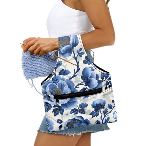 Image of Blue Floral Yarn Storage Bag for Crocheting Lightweight Knitting Bags and Totes Holding Yarn Crochet Hook Needles,Small