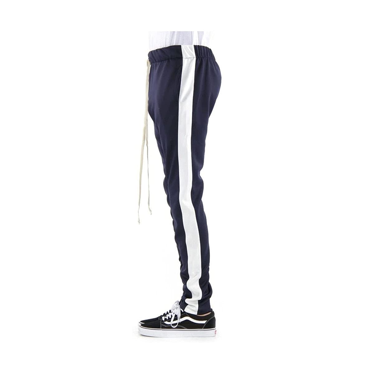 EPTM New Men's Techno Poly Zipper Long Drawstrings Pants (S, Navy/Ivory)