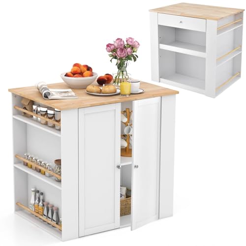 COSTWAY Kitchen Island Cabinet, Buffet Storage Sideboard with Rubber Wood Countertop, 2-Door Cabinet, Drawer, 2 Open Shelves and 6 Spice Racks, Serving Utility Cabinet Organizer for Home Dining Room