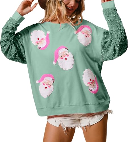 NUFIWI Women Christmas Sweatshirt Sequined Long Sleeve Glitter Santa Shirt Funny Merry Sweatshirts Xmas Holiday Pullover