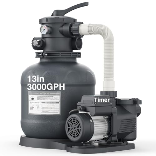 Vidapool 13in Sand Filter Pump for Above Ground Pool with Timer 2/3 HP 3000 GPH Pool Pumps Above Ground for Pools up to 13 000 Gallons Pool Sand Filter with 6-Way Valve Efficient Filtration