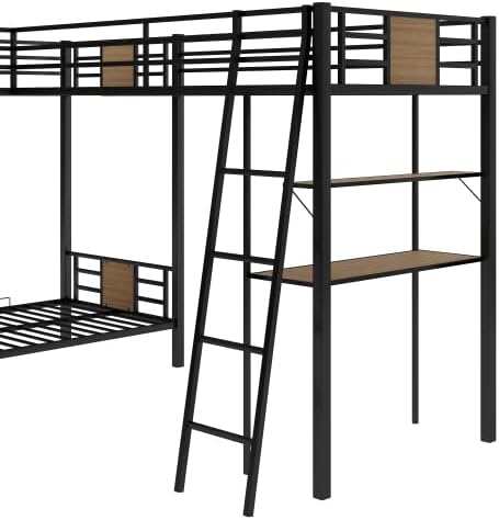 Bellemave L-Shaped Metal Triple Bed with Desk and Shelf, Twin Over Twin Bunk Bed Frame with Loft Bed and 2 Ladders (Black+Brown)
