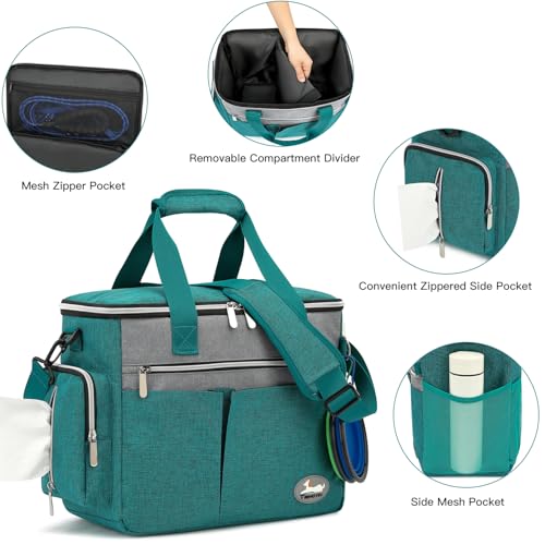 TAIHOYIN Hund Reisetasche Flugzeug Haustier Reiseset für Hundezubehör mit 2 Futtertasche+2 Zusammenklappbare Schüsseln+Fütterungsmatte+Hundeleckerli Tasche Hundetragetasche für Unterwegs, Blau grün