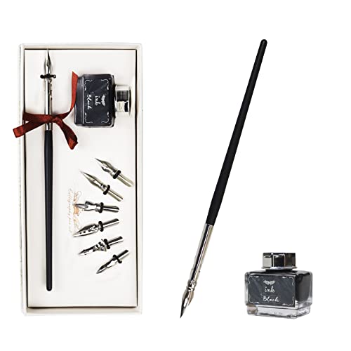 AOMAYLL Ensemble de stylos calligraphie, étui d'écriture avec 7 plumes et encre noire - Convient pour Signatures, Dessin, Ecriture, Décoration et Cadeau