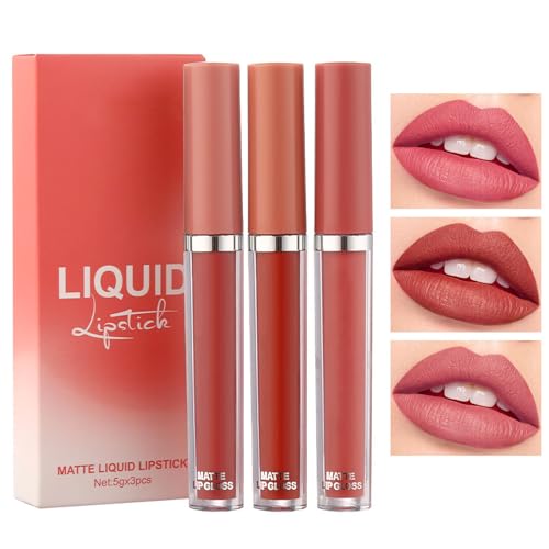 Nude Lip Gloss Set, 3 Pcs Matte Lipsticks Non-Stick Cup Nude Pink Lipstick Set, Highly Pigmented Waterproof Long Lasting Liquid Lipstick Lip Gloss Set Lips Make up for Women & Girls