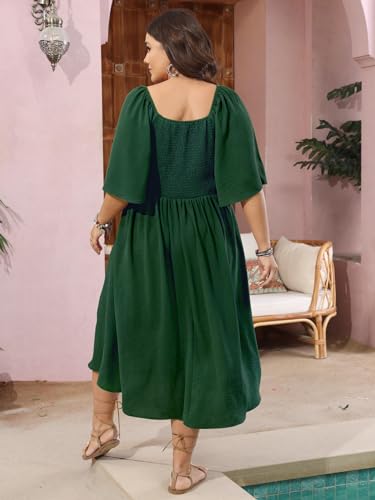Image of SCOMCHIC Plus Size Summer Dress Casual Short Sleeve Bow Tie Deep V Neck Smocked Button Down Midi Flowy A-line Boho Dresses
