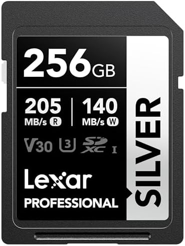 Lexar 256GB SD Card SILVER, Up to 205MB/s Read, 140MB/s Write, SDXC UHS-I Memory Card, Class 10, U3, V30, SD Card for Professional Photographers, Videographers, Enthusiasts