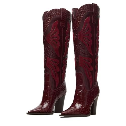 Butterfly Embroidery Womens Cowboy Boots Vintage Chunky Heel Wide Knee High Boots Pointed Toe Pull on Western Shoes