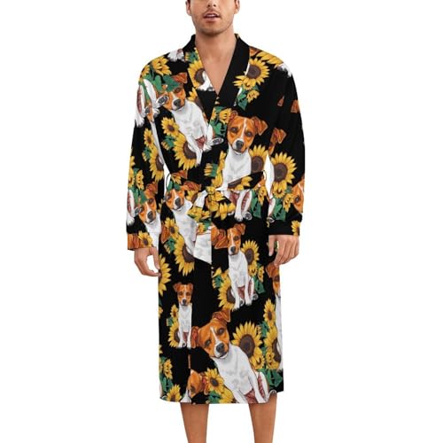 Jack Russell Terrier Dog Sunflower Soft Robe Long Sleeve Bathrobes V Neck Sleepwear Spa Robes with Belt Men Woman