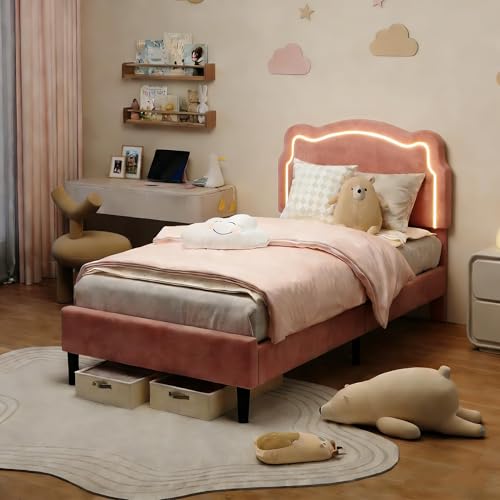 Image of GarveeHome Twin Upholstered Smart LED Bed Frame with Headboard, Velvet Princess Platform Bed Frame for Kids, Wooden Slats Support, No Box Spring Needed (Rose)