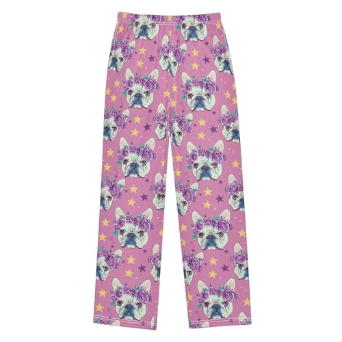 Cute Dog Puppy Flowers Long Pajama Pants Elastic Waist PJ Bottoms with Pockets S A1134632