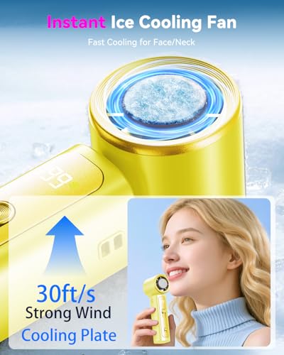 Image of DRORION Portable Mini Fan with Ice Cooling Function, 199 Speed Adjustable Handheld Fan, Rechargeable Personal Fan with Digital Display, Quiet Desk Fan for Travel, Office, Outdoor, Summer,Yellow