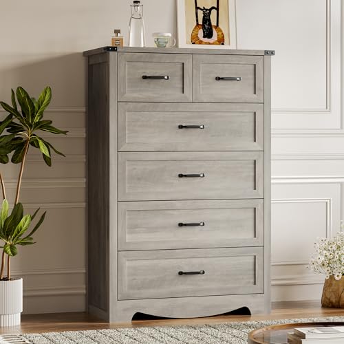 Image of BORNOON Tall 6-Drawer Dresser for Bedroom, Modern Wooden Chest of Drawers with Metal Handles, Anti-Tipping Design, Sturdy and Stable Storage Organizer for Living Room, Entryway, Home Office