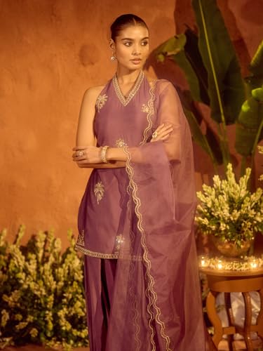 Image of FIORRA Women's Lavender Viscose Chanderi Embroidered Ethnic Straight Kurta Set with Dupatta