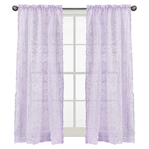 Image of Sweet Jojo Designs Purple Floral Rose Window Treatment Panels Curtains - Set of 2 - Solid Light Lavender Flower Luxurious Elegant Princess Vintage Boho Shabby Chic Luxury Glam High End Roses