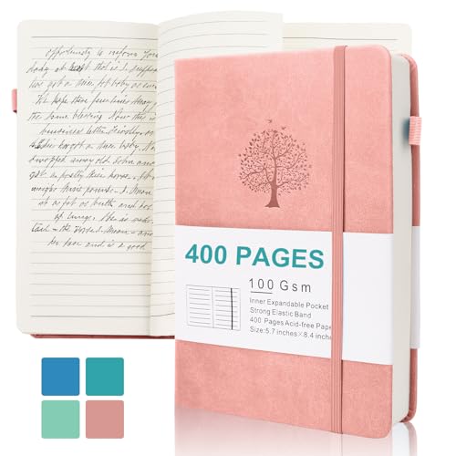 Journal d'écriture A5 ligné rose en cuir avec 400 pages et couverture rigide