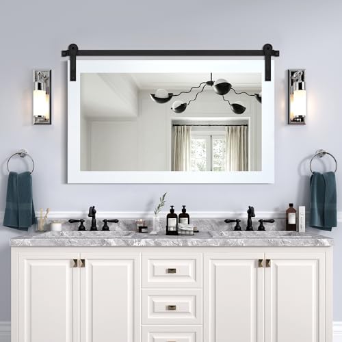 Image of COGOOD Farmhouse Bathroom Mirror - 41 inch x 30 inch Rustic Barn Door Mirror for Living Room, Entryway, Bedroom, Vanity Wall Decor (Pure White)