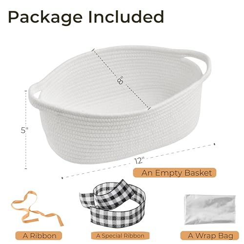 Image of Small Woven Gift Basket Empty with Bag & Ribbon, Storage Basket for Father's Day for Dad, Baby Shower, Raffle, Birthday, Cute Organizer with Handles, 12 inchx8 inchx5 inch, White /Black Check