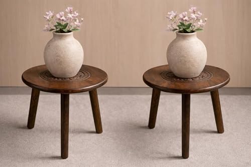 Image of WOOYNEX Wooden Table with Three Legs Modern Round Coffee Table and Side Table for Small Spaces with Pillar, Wood Books, Magazines, and Plant Stand for Living Room Entryway Table (Pack of 2)