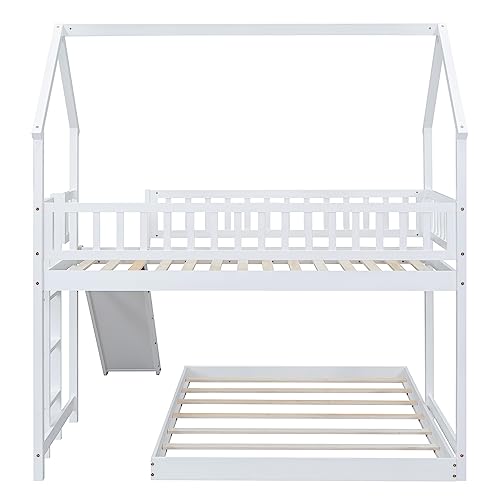 Image of Bellemave Twin Over Full Bunk Bed with Slide and Built-in Ladder, House Shaped Solid Wood Bunk Beds with Full-Length Guardrail for Kids,Teens, Adults, No Box Spring Required, White