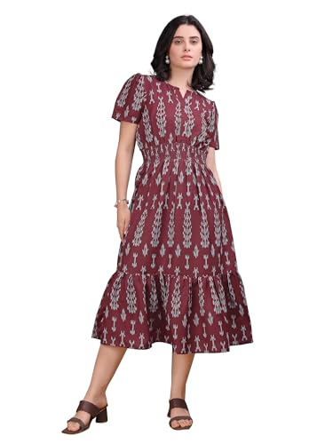 Image of PURVAJA Women's Boat Neck Cotton Dress(Floe-203-L Maroon)