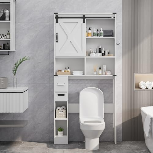 RoyalCraft Over The Toilet Storage Cabinet, Farmhouse Storage Cabinet Over Toilet with Sliding Barn Door, Home Space-Saving Toilet Rack, Behind Toilet Bathroom Organizer for Bathroom, White