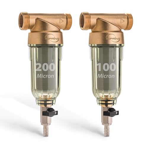 Image of iSpring WSP2PK21 Reusable Whole House Spin Down Sediment Water Filters, Twin Pack with 200 Microns and 100 Microns Filter Sizes, Clear Housing, Lead-Free Brass