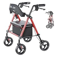 UNLICON Rollator Walker with Seat, Rollator Walker with Durable, 8'' Big Wheels, 350 lb. Weight Capacity, Adjustable Handles and Seat Height ，Lightweight Rolling Walker for Seniors-Red