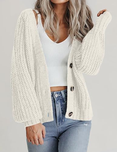 Image of Zeagoo Women's Fall Chunky Knit Cardigans Open Front Long Sleeve V Neck Button Loose Cardigan Sweaters White