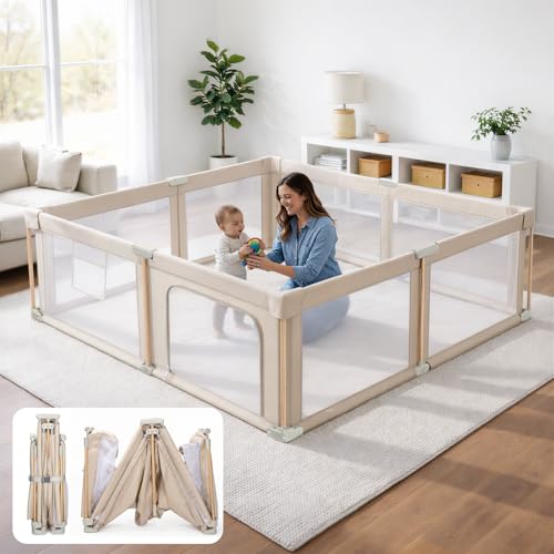 Foldable Baby Playpen with Mat, Foldable Baby Fence Play Yards for Babies and Toddlers, Play Pen with Breathable Mesh and Anti-Fall Pads (71