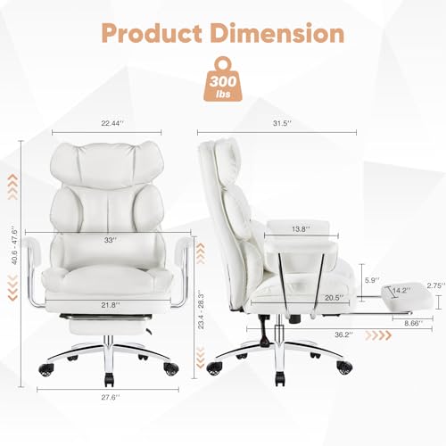 Image of Sweetcrispy Executive Home Office Desk Chair - Ergonomic Big Tall High Back with Footrest & Lumbar Support, Reclining Height Adjustable, Comfy PU Leather Computer Gaming with Swivel Wheels, White