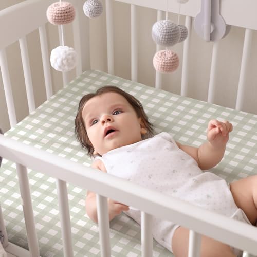 Image of Peryiter 2 Pack Gingham Crib Sheets for Girls Boys Green Bed Sheet Set Fitted 52'' x 28 inch for Standard Crib Mattress Stretchable Soft Toddler Aesthetic Nursery Decor