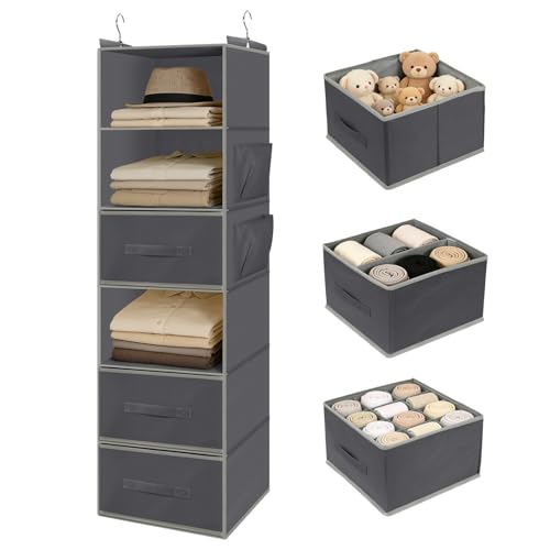 Hanging Closet Organizer 6-Shelf with 3 Drawers & Side Pockets, Closet Organizers and Storage for Dorm, Nursery & Wardrobe Organization, Hanging Shelf Clothes Organizer for Sweaters, Shoes, Gray