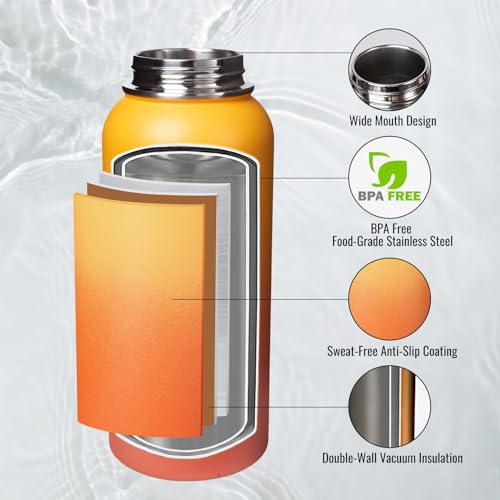 Image of Fijinhom Insulated Water Bottle with Handle, 304 Stainless Steel Water Bottles with Wide Mouth, Double Wall Vacuum Sports Water Bottle, BPA Free, Keep Cold and Hot, 32 Ounces Yellow&Orange