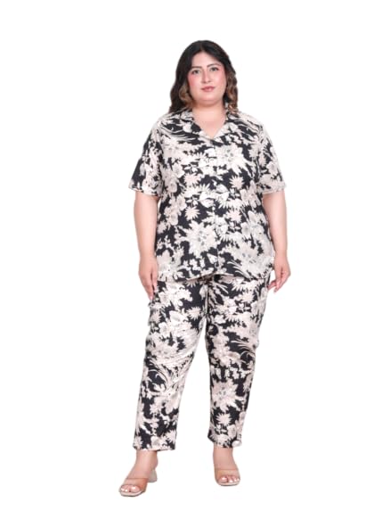 Image of Printed Shirt Style Cotton Night Suit for Women with Extra Plus Size