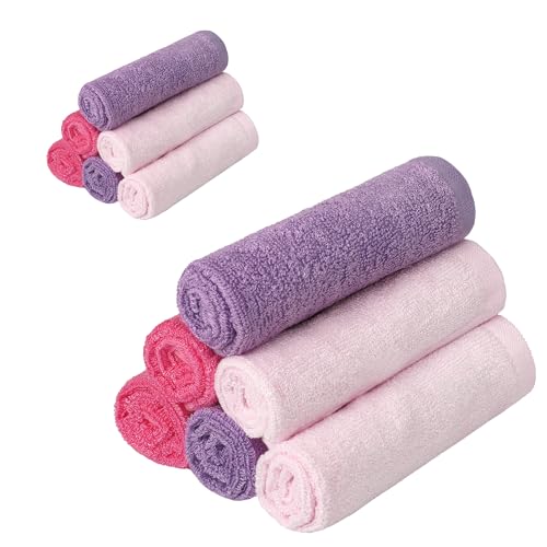 Image of BESSLEE 12 Pack Baby Girl Washcloths Bulk for Newborn, Extra Soft Face Bath Towel for Toddler, Absorbent Kids Wash Rag for Body, 70% Rayon Derived from Bamboo, 30% Cotton, 10"x10", Purple/Pink/Rose
