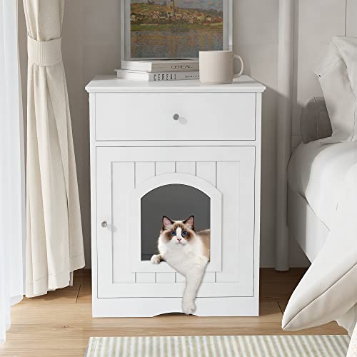 OPAHDN Elegant Indoor Cat Litter Box Enclosure, Stylish & Functional Nightstand with Drawer, White