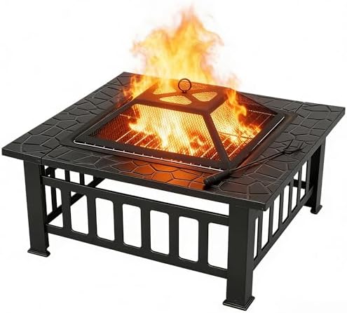 Close-up view of the fire pit's metal construction and faux stone line design.