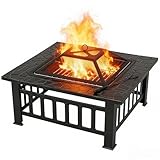 ZENY Outdoor 32'' Metal Fire Pit BBQ Square Table Backyard Patio Garden Stove Wood Burning Fireplace with Spark Screen,Poker,Cover,Grill