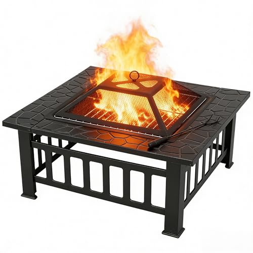 ZENY 32 inch Outdoor Fire Pit with Grill for Outside Wood Burning, Square Metal Outside Fireplaces, Spark Screen and Poker Included for Backyard Patio Camping Bonfire