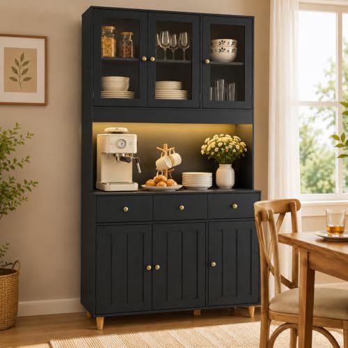 Xbro Kitchen Cupboard with LED Light & Power Outlet 180cm Tall Pantry Cupboard with Acrylic Doors Drawers & Adjustable Shelves Buffet Sideboard Larder Cupboard with Large Countertop
