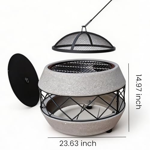 Image of Wood Burning Concrete Outdoor Fire Pit (Round 1) | BBQ Grill Firepit ,Fire Pit Table,MGO Concrete Base,Patio Garden Backyard,Outdoor Gatherings,