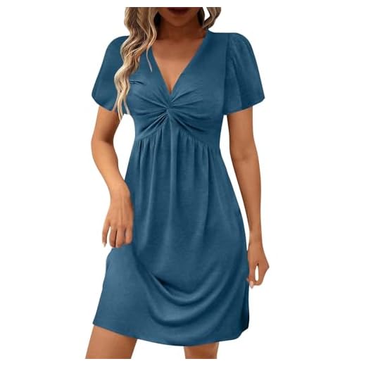 AEGJEGVD Robe de Soiree Femme Curvy col V Longueur au Genou Tunique Robes de Cocktail Mariage Respirant Tunique Mid Dresses Décontracté A-Linie Swing Robe de Plage Cocktail Mariage Dress Pas Cher