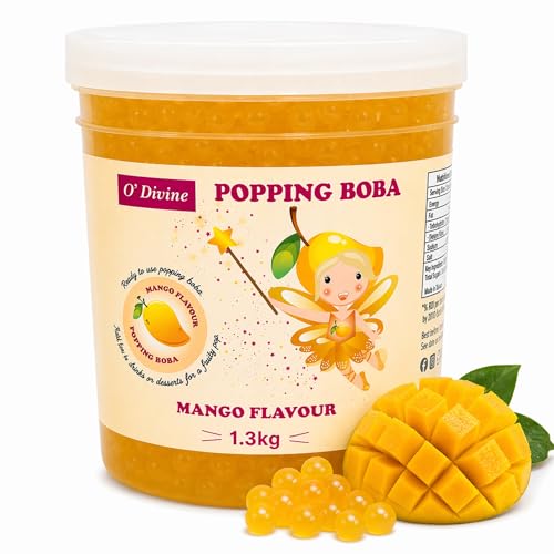 ODivine Popping Boba 1.3kg Mango Flavour Ready to Use Fruit Popping Pearls for Bubble Tea Drinks Desserts & Cocktails