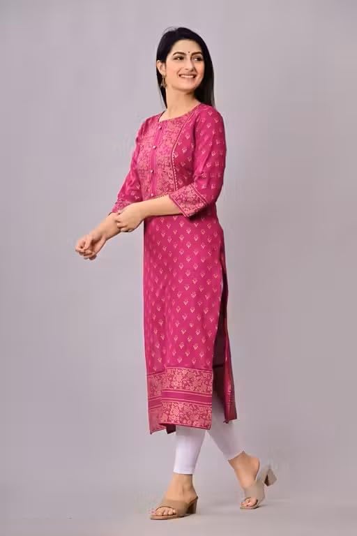 Image of Women's Printed Straight Kurta, 3 /4 Sleeves, Round Neck, Ethnic Floral Print, Casual Wear