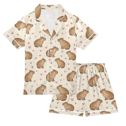 Pink Hearts and Capybara Prints Summer Satin Pajama Set, Cute Button-Down Sleepwear Pj Set for Sleep Wears