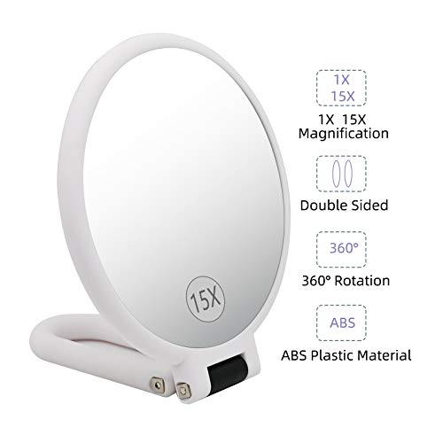 Dolovemk Travel Makeup Mirror with Stand,Suspended Makeup Mirror,Hand Mirrors with Handle Double Side,Travel Folding Hand Held Mirror 15x Magnification(White)