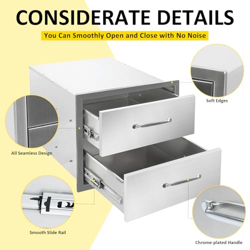 Image of Outdoor Kitchen Drawers 18 inch W x 15 inch H x 23 inch D Flush Mount Double layer BBQ Drawers with Chrome Handle,Stainless Steel Built-in 2-Drawer for Outdoor Kitchen Island, Patio Grill Station