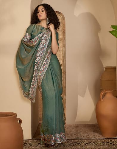 Image of SIRIL Women's Shimmer Georgette Scalloped Border Sequins Embroidery Saree with Unstitched Blouse Piece